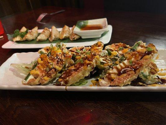 Delicious Jalapeño Bomb loaded with spicy tuna and all kinds of other goodness. Oh, and Gyoza.