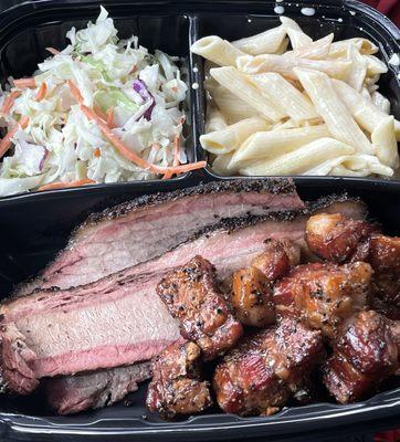 Brisket, pork burnt ends, macaroni and slaw