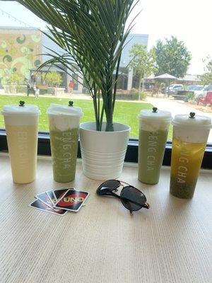 Left to right: Mango breeze, matcha breeze, matcha latte, kiwi basil green tea. All with cheese foam