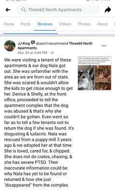 Three60 north apartments MANAGEMENT kept a dog they knew had owners & lied because they didn't think the black children deserved the dog!!!