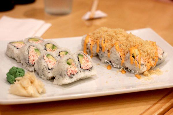 Special California Roll ($7 - Crab Salad, Avocado) and Spicy Crunch California Roll ($8 - special Cali roll w/ spicy mayo and crunch)