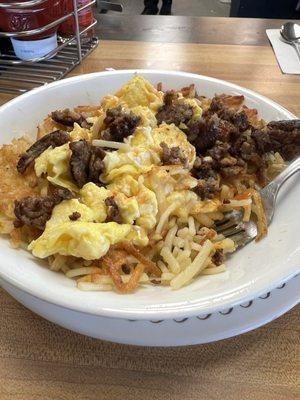 Sausage hash brown bowl.  $10.50.