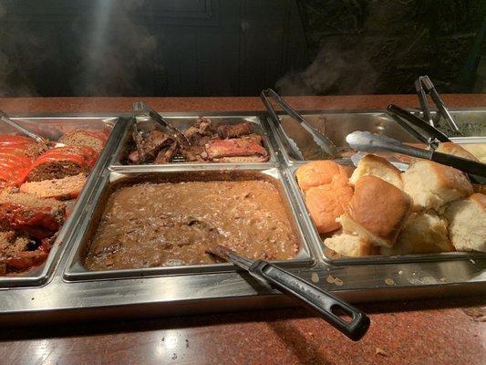 Meatloaf, ribs, gravy, rolls, & grilled chicken (all gone)