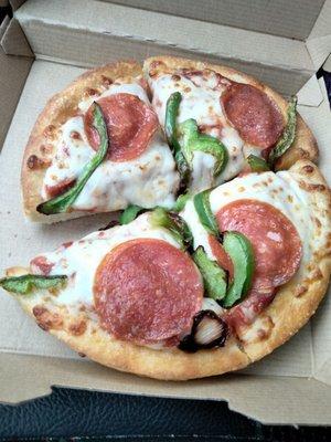 Personal pepperoni and green pepper pizza