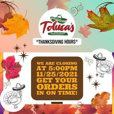 CLOSING @ 5PM Thursday 11/25 

Please get your orders in on time

Happy Thanksgiving