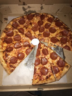 Large Pepperoni pizza-delicious with the perfect amount of pepperoni and crispiness