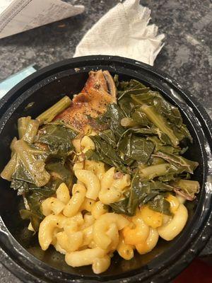 On The Go Sample Meal with Baked Chicken, Baked Macaroni, and Collard Greens