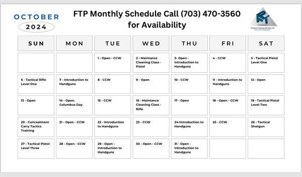 October's Training Schedule