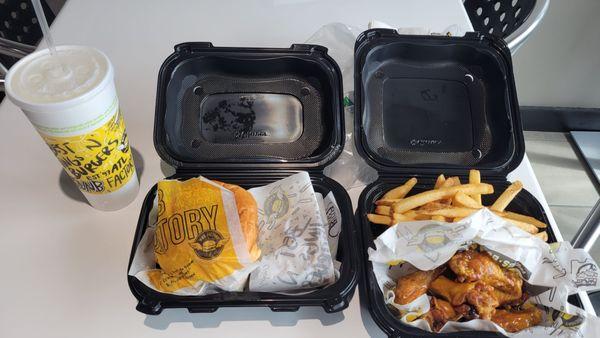 Factory Burger Wings combo with fries and drink.