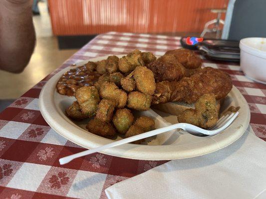 4 leg special with fried Okra and beans