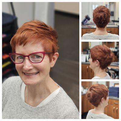 Coppery Red Color & Pixie Haircut by Hair Designer Charlie at Salon Uni in Bellevue