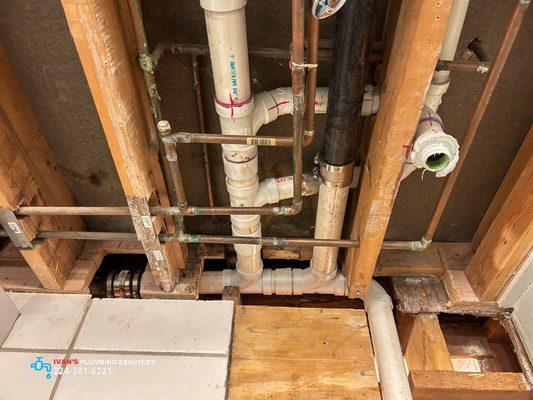 Bathroom drain repiping with 2 inch schedule 40 PVC pipe in a second story bathroom in Des Plaines, IL.  224-381-6321