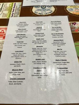 Mixed drink menu