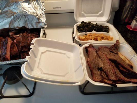 Family sized mac n cheese, collard greens and brisket sandwich and slab of ribs