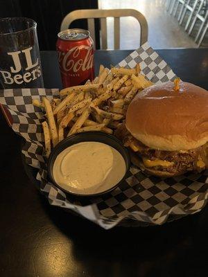 JL Burger with garlic Parmesan fries