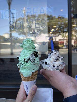 Small scoop of mint Oreo in a waffle cone + small scoop of buckeye