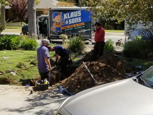 Trench dug, setting up to tunnel under driveway