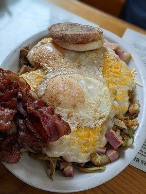 The breakfast skillet is huge! The size of the English muffin in comparison says it all!