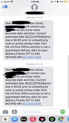 Text message of original delivery estimate and contact (who I didn't ever hear from until Thursday)