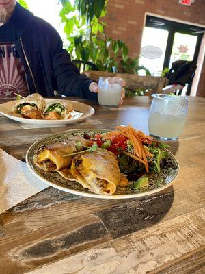 Vegetarian wrap and mushroom tacos with delicious salad