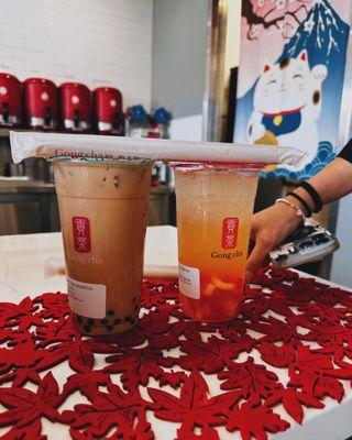 Pearl milk tea / $6 (large) + Sparkling rainbow lychee / $6.75 (large)