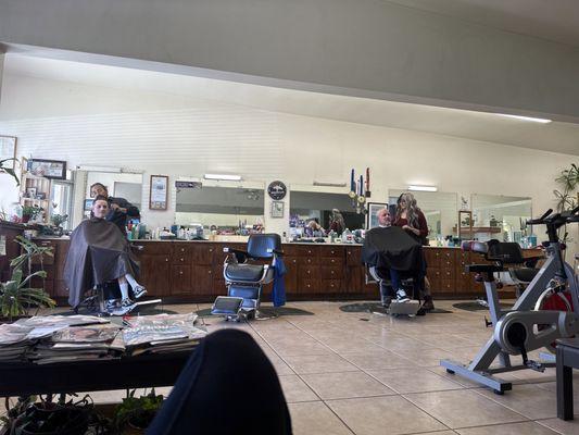 From seating area, photo of barber area