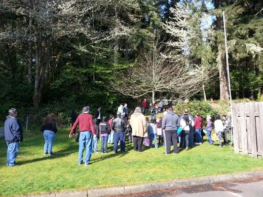 Annual Easter Egg Hunt for 7-10+ years old in the forrest behind the Social Hall.  Kids are eager to start.