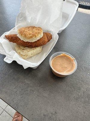 Chicken Biscuit & Side of Mad Fire Sauce