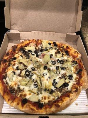 Pepperoni, mushrooms, olives and artichoke hearts