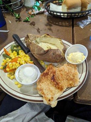 Grilled chicken bake potato and mixed vegetables