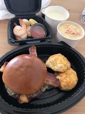 3 from the sea: Wagyy burger w lobster cream mashed potatoes, jumbo shrimp, and clam chowder!