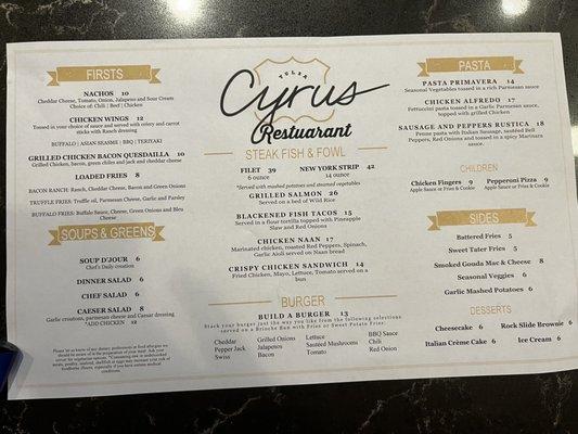 Updated menu 3/17/22. Not a steakhouse anymore