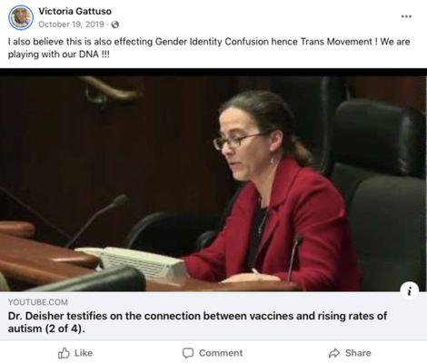 Victoria Gattuso shares her beliefs that vaccines cause autism and transgenderism.