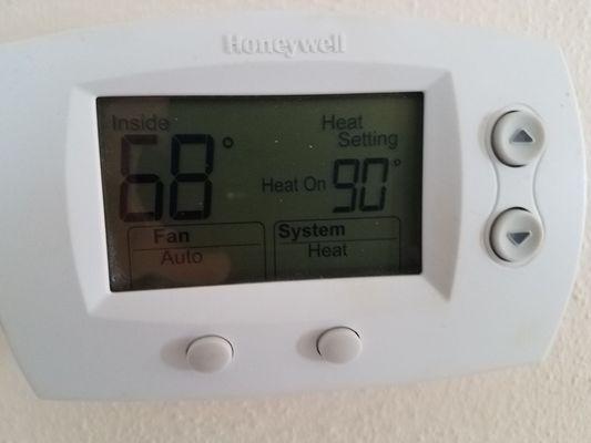 Honeywell thermostat inside temperature reading only getting up to 68 degrees even with my Heat setting up to the maximum of 90 degrees