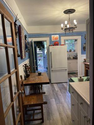 Limestone plaster on walls, lime paint one ceiling and trim, metallic finish on highlights, and doors