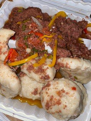 Corn beef and boiled dumplings.