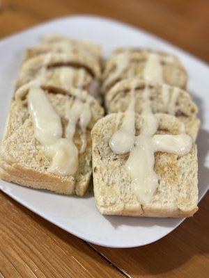 Cinnamon Rolls on their house made bread. Baked Fresh!