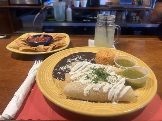 Chicken Enchiladas are delicious as well as the house Margaritas.