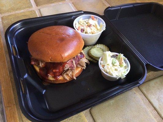 Pulled Pork Sandwich with coleslaw "out" and coleslaw on the side