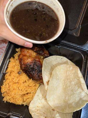 Rotisserie chicken, rice, black beans, tortillas