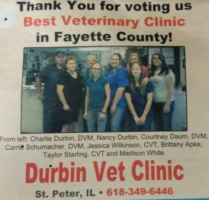 Thank you for voting us Best Veterinary Clinic in Fayette County 2014, 2015, and 2016!