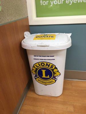 Donate recycle used prescription eyeglasses next to the reception desk. Eye glasses go to Lions Club International