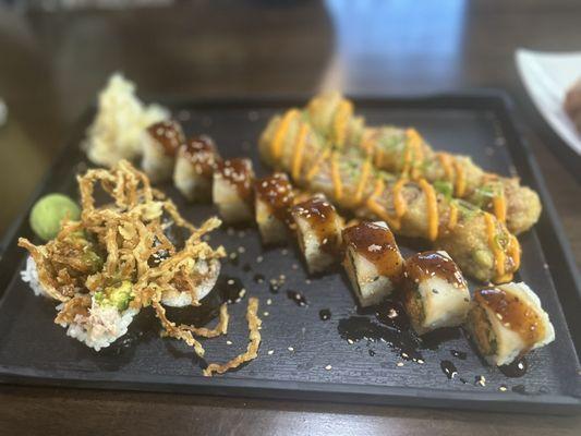 Spider Roll (left) Hot Girl Roll (middle) Golden State Roll (right)