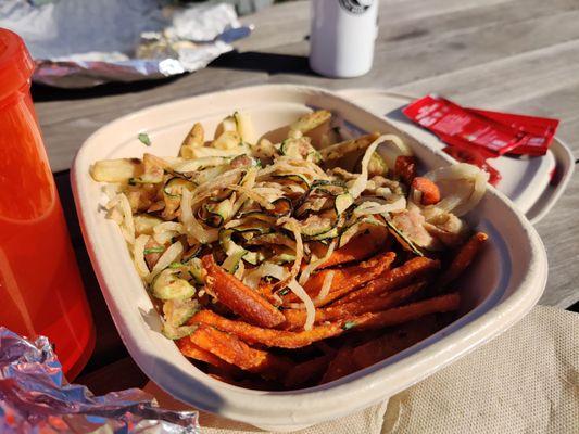 Fry-fecta - fries, sweet potatoe fries, and zucchini