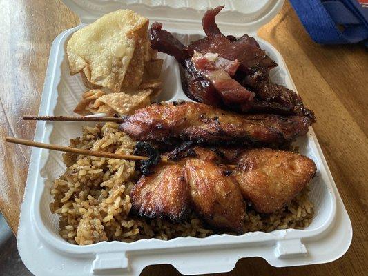 Crab Rangoon, chicken teriyaki and ribs with rice.