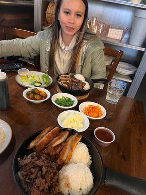 2 meat grilled plates (Bulgogi/Katsu & Grilled Chicken/Kalbi) and Korean side dishes.