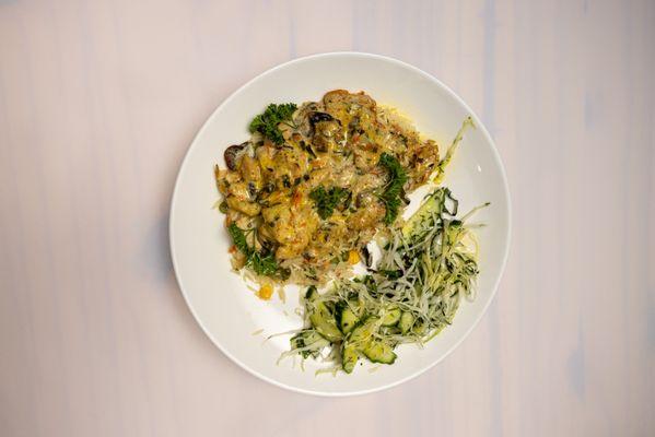 Lunch Option:
Chicken Stroganoff + Rice + Cabbage Salad