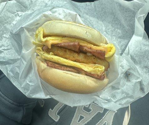 egg, hashbrown, turkey bacon, and cheese bagel