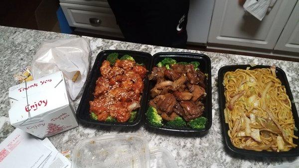 Left to right: sesame chicken, bourbon chicken, pork lo mein