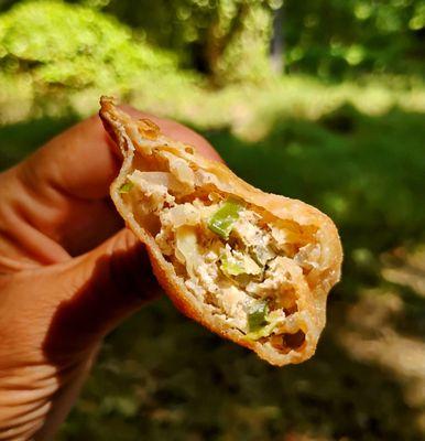 Cross section of the homemade FRIED Mandoo. Packed with filling and full of flavor!!